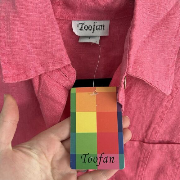 Toofan Womens Linen Pink Button Up Blouse 3/4 Sleeve Small Collared - Picture 3 of 11